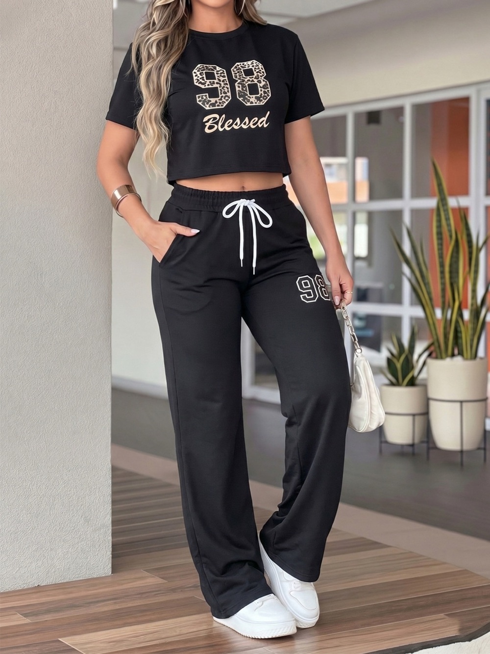Blessed 98 Leopard Print Crop Top and Wide Leg Pants Set